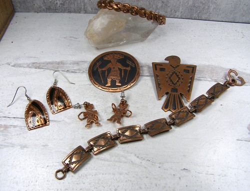 Lot boucles d'oreilles vintage cuivre sud ouest broche tonnerre oiseau kachina