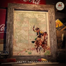 Vintage Colorado State Map Art Print Colt Revolver Rodeo Cowboy Western Decor