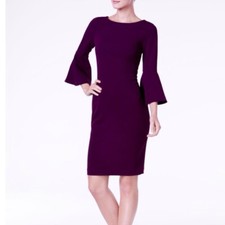 Calvin Klein Burgundy Plum Purple Bell Sleeve Stretch Crepe Sheath Dress Size 4