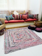 White Rug Mat Carpet Rag Square Cotton Multi Colour Stripe Braided Reversible