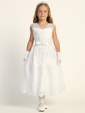 203 Girls White First Communion Dress w/ Corded Tulle  Sequins