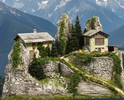 H0 Diorama Alpenlandschaft   patiniert & begrünt   Bergdorf Szene Modellbau