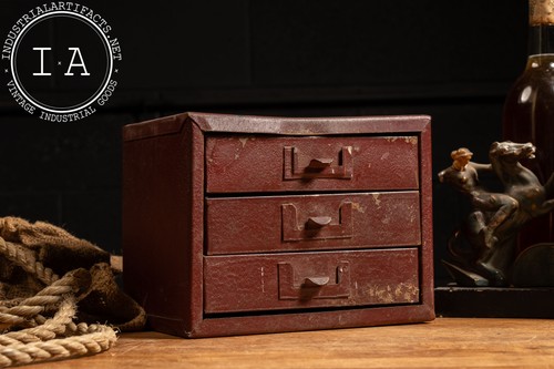 Vintage Three-Drawer Metal Parts Cabinet in Burgundy