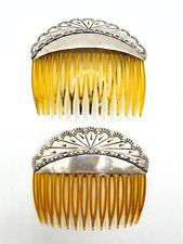 Vintage Art Deco Hair Combs Pair Amber Celluloid Silver Tone Engraved 3  