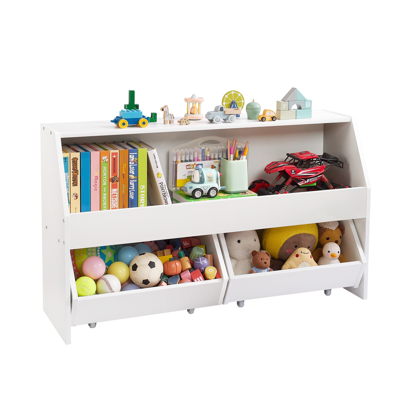 Uimoso Toy Storage Organizer Wooden Bookshelf 3 Section Cubbies Mobile Drawers