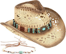 Men'S Women'S Straw Cowboy Hat Cowgirl Woven Sun Hat Western Cowboy Hat Two Deco