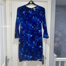 Whistles Blue Abstract Ruched 3/4 Sleeve Silk Blend Party Evening Dress UK 12