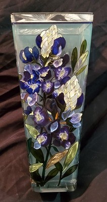 AMIA Hand Painted Stained Glass Colorful Texas Bluebonnet Blue&Violet Vase  10 
