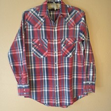 Plains Western Wear Pearl Snap Shirt Men s Small Red Blue Plaid VTG Rodeo Cowboy