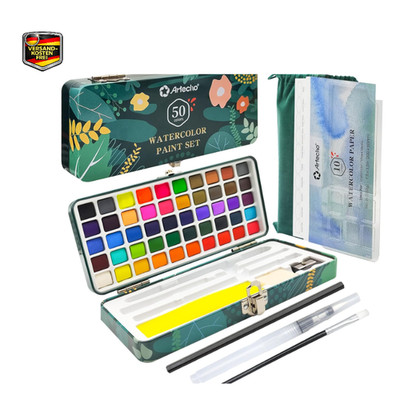 Artecho Aquarellfarben Set 50 Farben Tragbare Box 4 Fluoreszierende