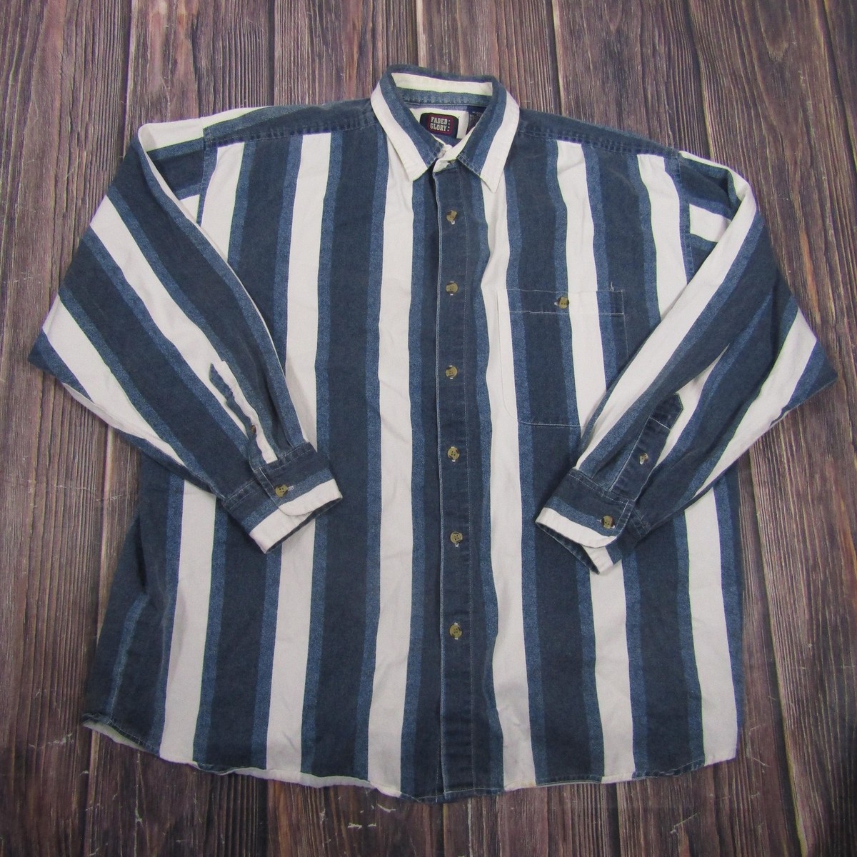 Vintage Faded Glory Shirt Mens XL Blue Striped Long Sleeve Button