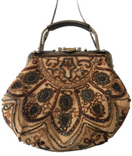 Gold Beaded Sequin Purse Evening Bag Glass Barrel Closing Floral Design