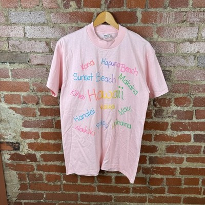Vintage Hawaii Shirt Mens Large Pink Beaches Graphic Stedman Made USA Tee 90s