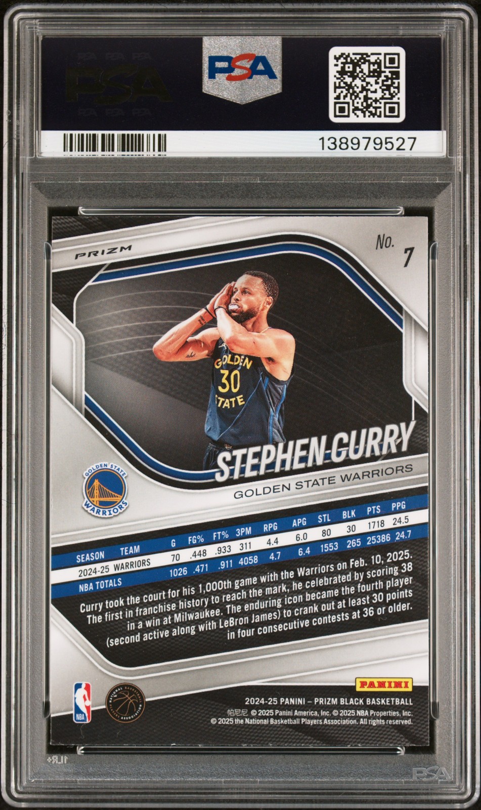 2024 PANINI PRIZM BLACK SILVER PRIZM #7 STEPHEN CURRY PSA 10 view 2