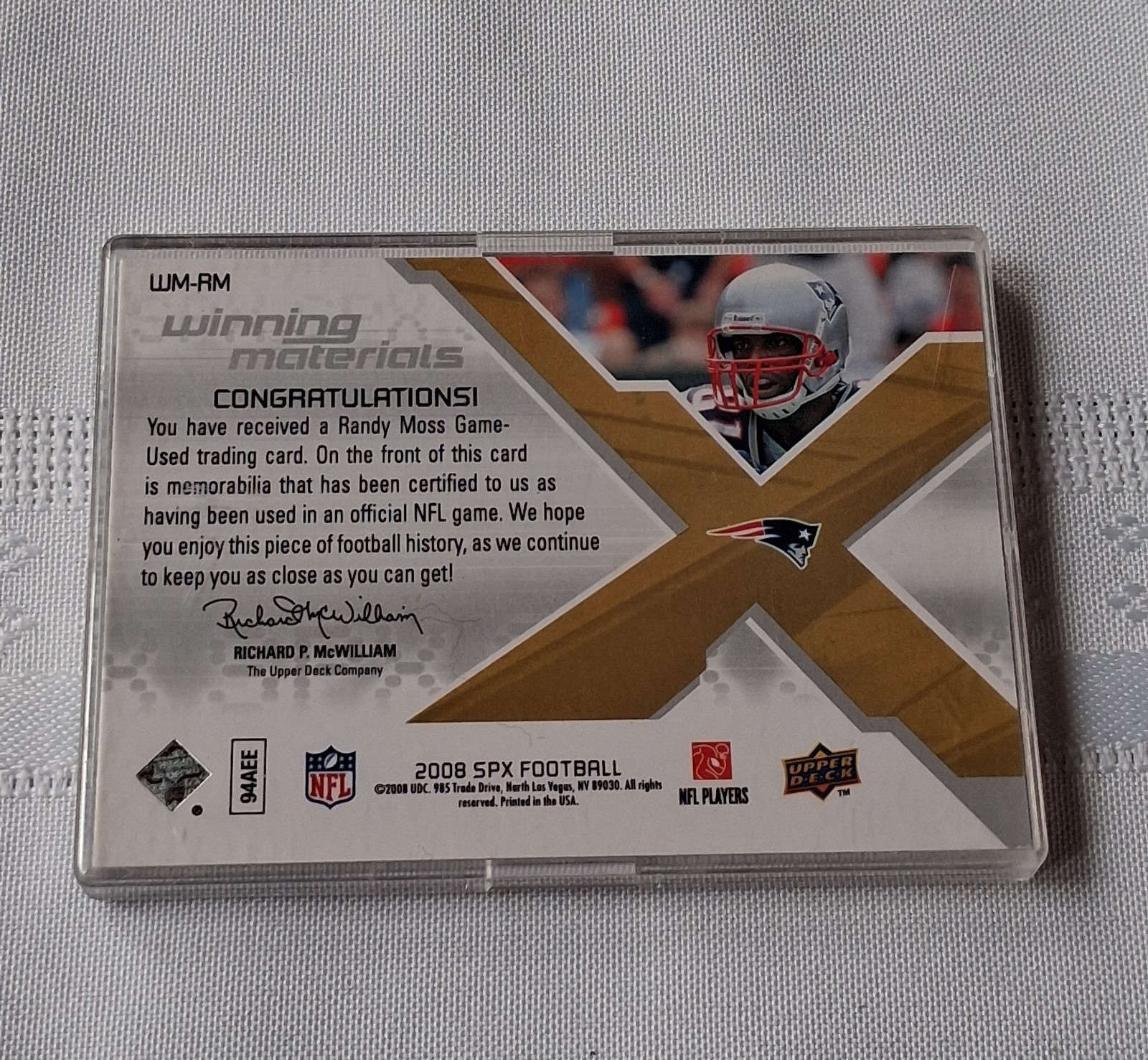 Randy Moss 2008 Upper Deck SPx Winning Materials Gold Game Used Jersey Card #/25 view 12