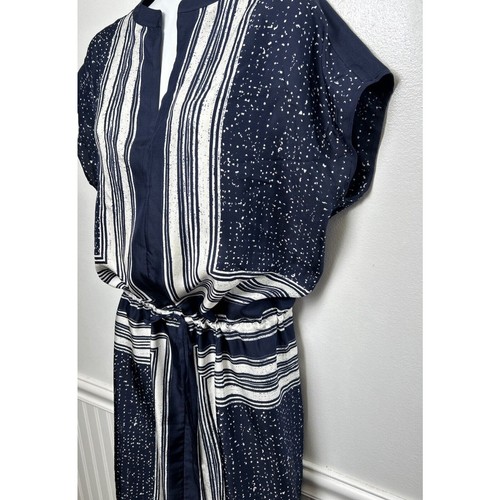 VINCE. Dress Small Blue White Geo Drawstring Waist 100% Silk Women’s Mini - Picture 2 of 8