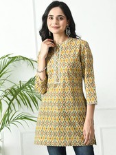 Indian Women Mustard  Green Cotton Floral Printed Kurta Kurti Top Tunic Dress