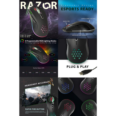 PC Gaming Maus Rainbow RGB LED USB kabelgebunden 8 Tasten 800-6400DPI Razor Rapid Fire