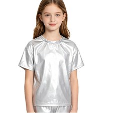 Kids Boys Girls Shiny Metallic T-Shirt Round Neck Short Sleeve Dance Top UK