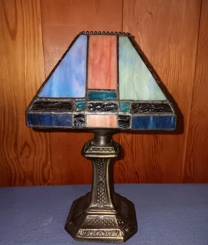 Vintage Tea Light Candle Holder w Stained Glass Shade w/ Metal Stand  9.5"H