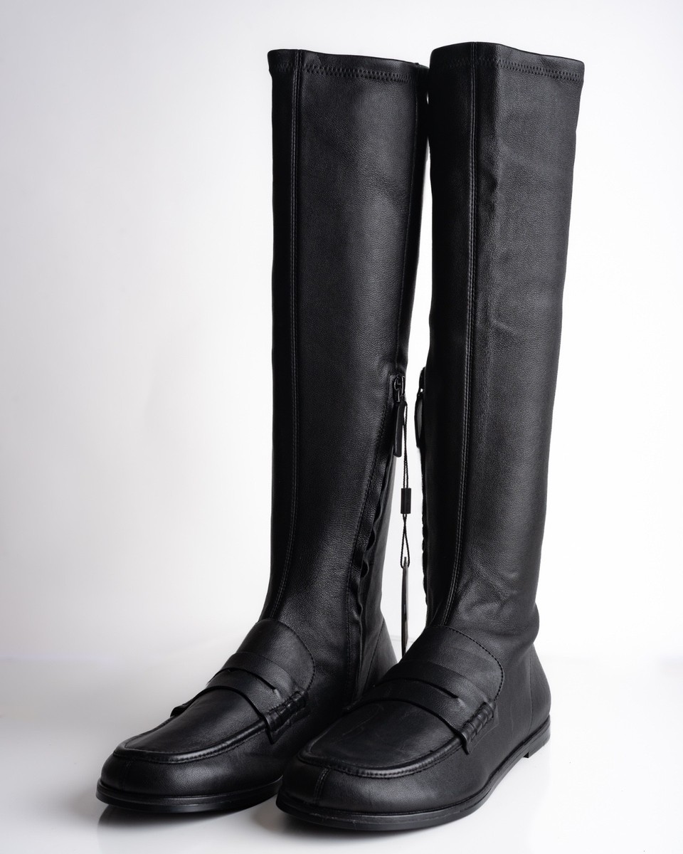 Massimo Dutti Women Knee High Leather Loafer Boots Black US 9 EU