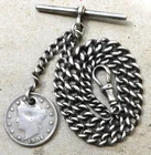 NO RESV 1907 Sterling Silver 26g Gents Albert Pocket Watch Chain Vintage Antique