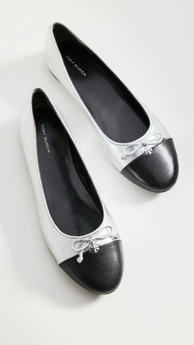 Tory Burch Silver /Black Leather Cap Toe Double T Bow Ballet Flats