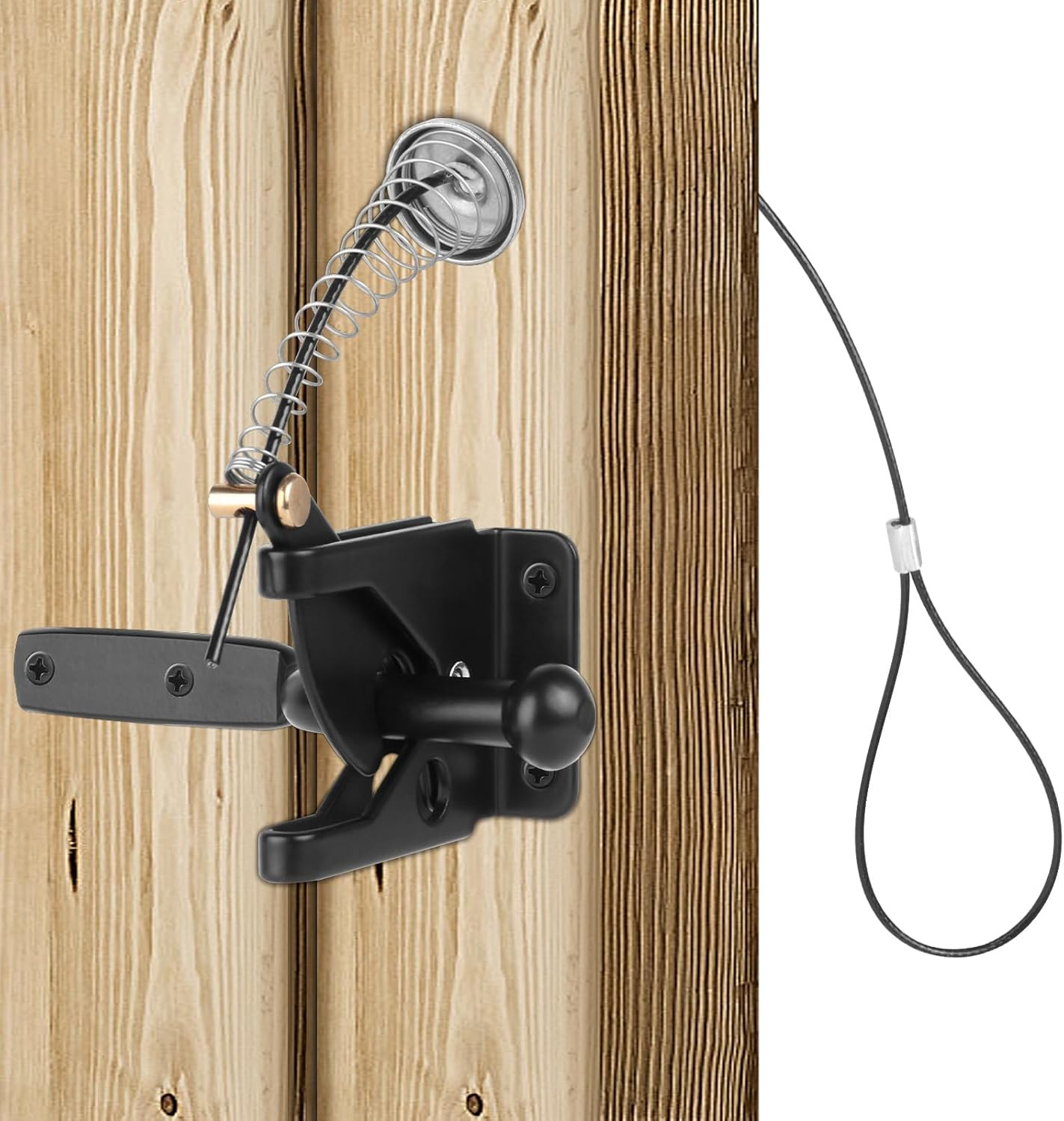 Gate Latch, Self Locking Door Latche with Stainless Steel Spring Cable Pull, Hea