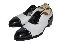 Handmade Black & White Oxford Lace Up Genuine Leather CapToe Dress Shoes For Men