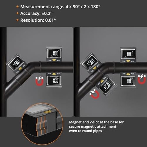 Digital Angle Finder with Flip LCD VA Screen, 2x180°/4x90° Strong Magnetic