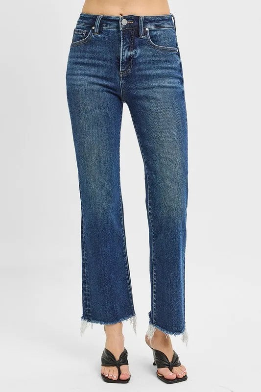 RISEN Tummy Control High Rise Crop Straight Raw Cut Hem Jeans