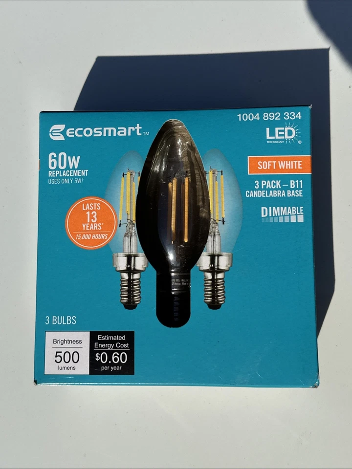 Ecosmart 60W B11 LED Soft White Dimmable Candelabra Base 3 Pack - Brand New - Image 2 of 4