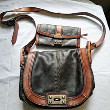 Fossil Vintage 2 tone brown black leather crossbody saddle bag  Wallet