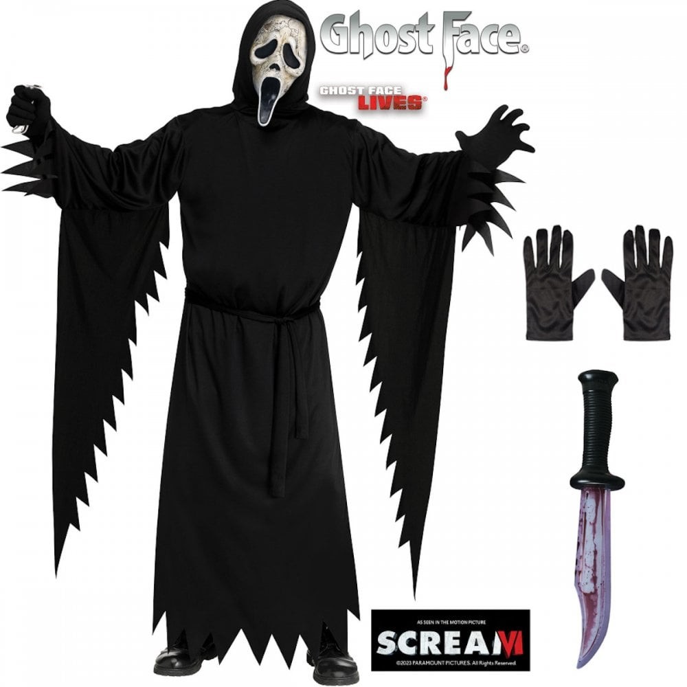 Adult Licensed Scream Ghost Face AGED Costume + Bloody Blade +Gloves Fancy Dress