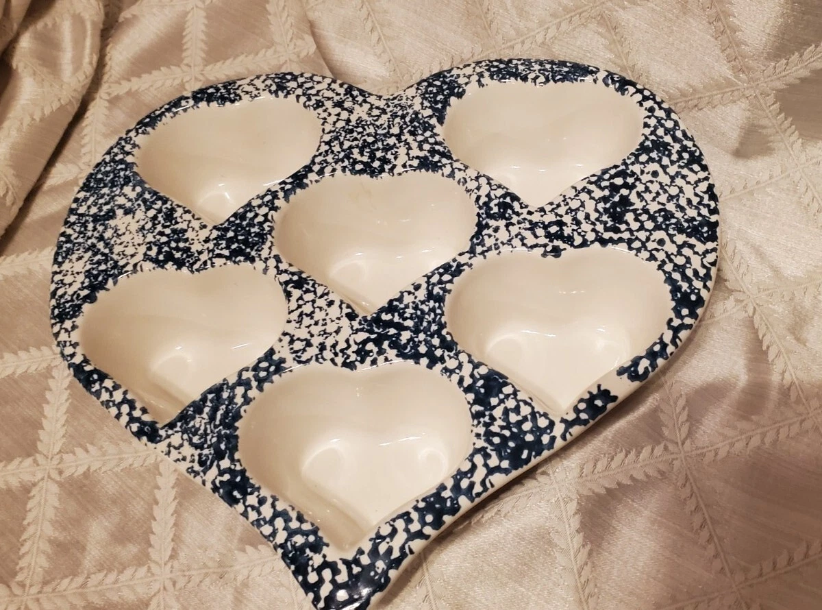 Vintage Heart Shaped Spongeware Stoneware Muffin Cupcake Baking Dish 12" LV Blue