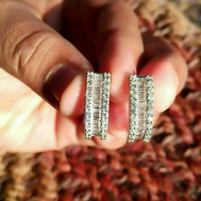 2Ct Simulated Baguette & Round Cut Diamond Hoop Earrings14k White Gold Plated