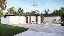Plano de casa familiar moderno, 168 metros cuadrados, una planta, garaje doble, 3 dormitorios, casa de campo