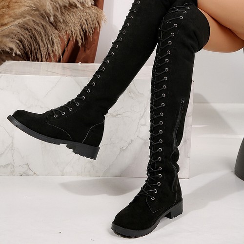 Womens Round Toe Lace Up Low Block Heels Punk Fashion Sexy Over The Knee Boots - Picture 7 of 8