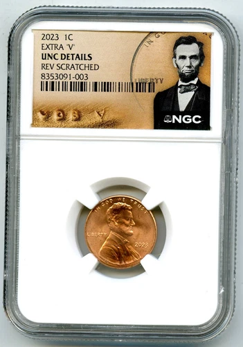 2023 EXTRA ' V ' LINCOLN VDB ERROR CENT SHIELD PENNY NGC UNC DETAILS REV SCRATCH