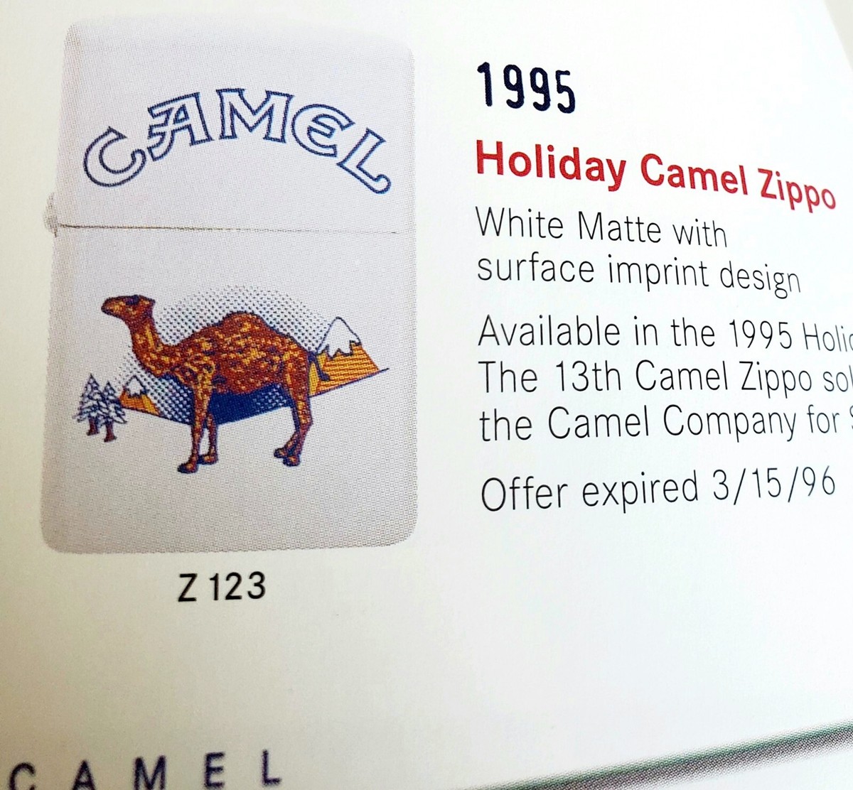CAMEL ZIPPO 1995 HOLIDAY CAMEL IN SNOW CZ 123 lighter white | eBay