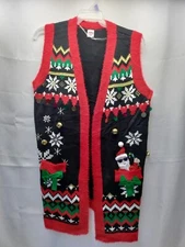 Holiday Time Santa Claus Ugly Christmas Open Cardigan with Bells and Sequins