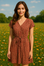 Serra Floral Sheath Midi Dress Sz M Short Sleeve Wrap V Neck Boho Brown Stretch