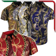 Short Sleeve Shirt Men Desiger Italian Chain Stripe GoldFoil Stretch Slim Button
