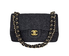 CHANEL Vintage Classic Gray Wool Double Flap 24k GP Gold Chain Link Shoulder Bag