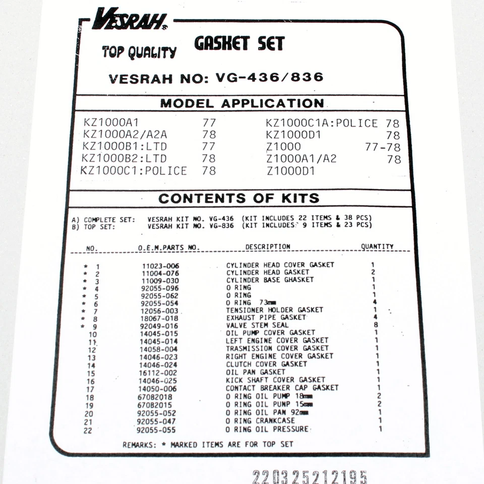 Engine gasket set complete for Kawasaki Z 1000 A (KZT00A) 77-79 - Image 2 of 3