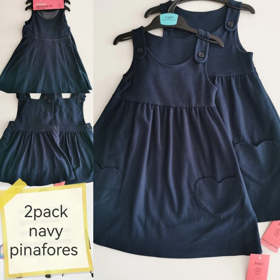 MARKS & SPENCER M&S 2er-Pack Mädchen Cotton Rich Schulpinafores, 3 Modelle, marineblau, 2-12 Jahre