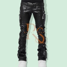 Men's Real Lambskin Leather Cargo Pants Genuine Leather Punk Cafe Racer Style