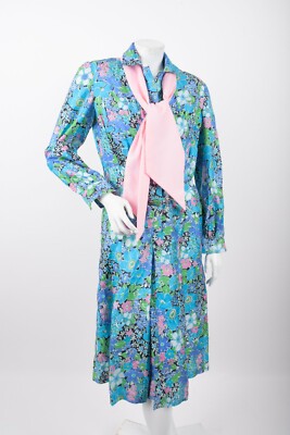 Ann Cordes Dressmaker Vintage Secretary Dress Blue Floral Kitten Bow Scarf Belt