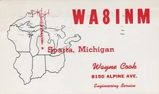 amateur ham radio QSL postcard WA8INM Wayne Cook 1966 Sparta Michigan