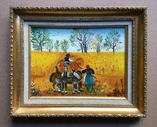 Great primitive Eastern European painting By Edith Simon on Masonite Board.